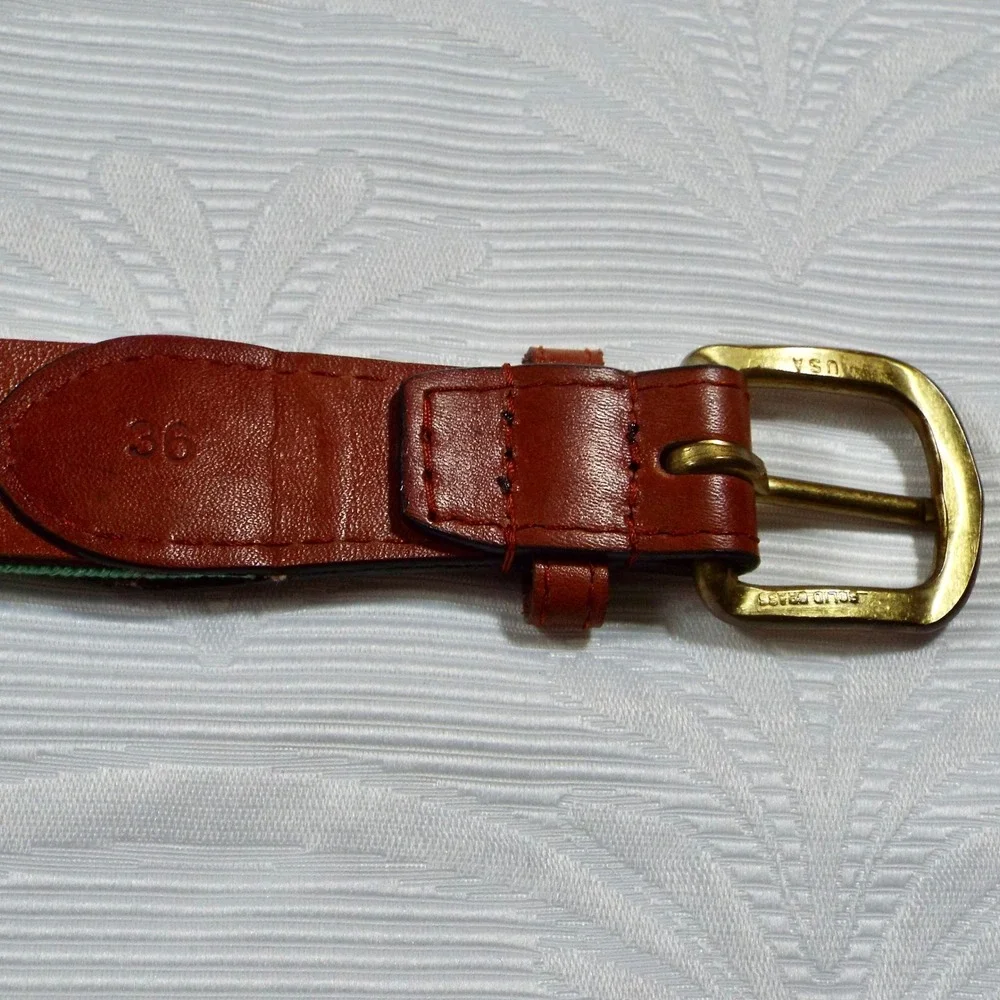 Smathers & Branson Mens Sailboat Needlepoint Belt Green Leather Brass Size 36